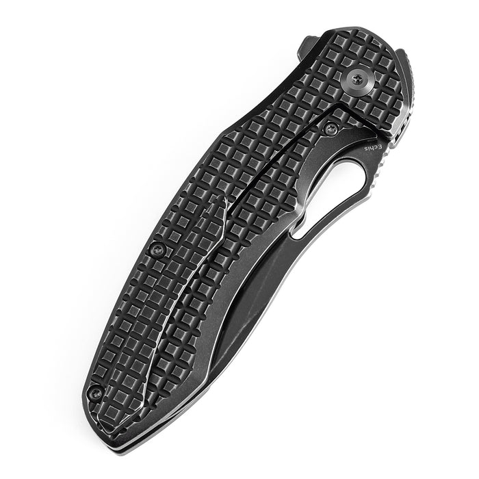 KANSEPT Echis Thumb Hole Blackwash Titanium with Frag Pattern Handle (3.45''CPM S35VN Blade ) Djinn Design -K1071A5