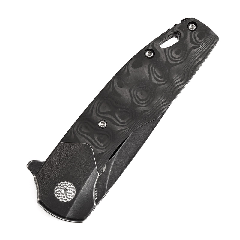 KANSEPT Cassowary Flipper Black Stonewashed Titanium and Black Rose Pattern Carbon Fiber Handle (2.9''CPM S35VN Blade ) Koch Tools Design -K2065B3