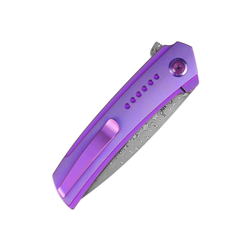 Tracer | Frame Lock | Purple Anodized Titanium | 3.46" Rose Pattern Damascus | Tuff Knives | K1115A3