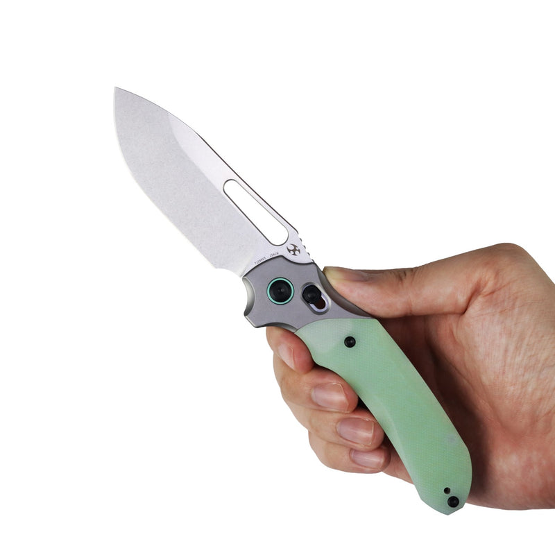 Quasar | Cross Bar Lock | Glow-in-the-Dark Green G10 | 3.38" 154CM | Munko Knives | T1099V5