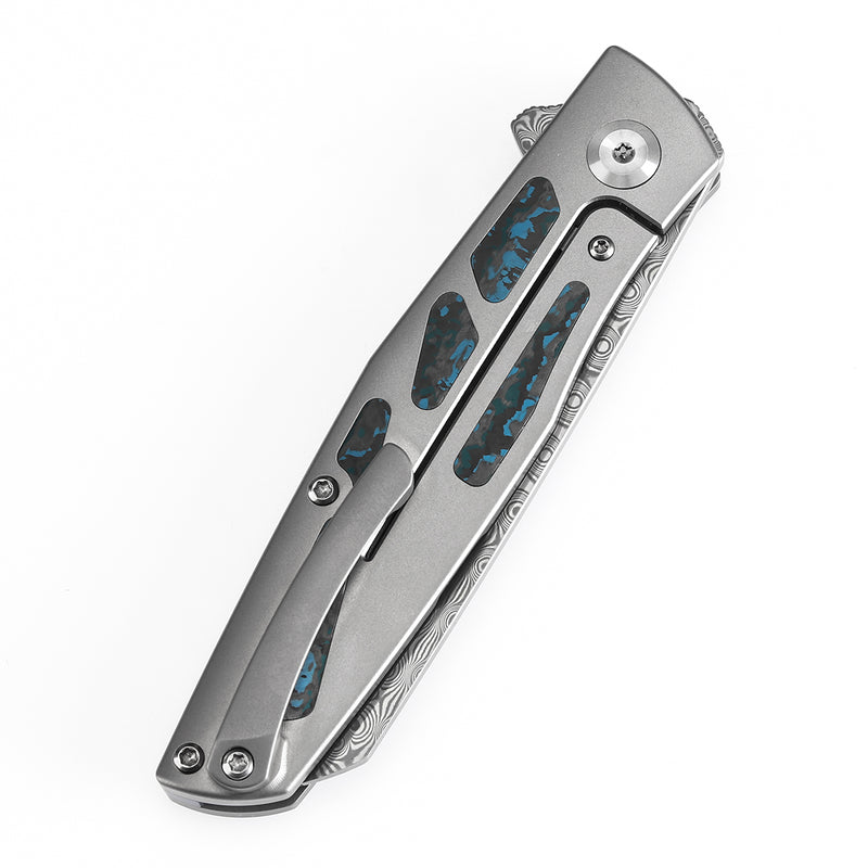 KANSEPT Cru Flipper Knife Plain Titanium & Artic Storm Fatcarbon Handle(3.46''Damascus Blade) Villella Knives Design-K1092A3