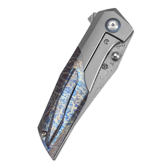 KANSEPT Deadite Thumb Stub Beadblasted Titanium & Titanium with Lightning Strike Finish Handle (3.52''Damascus Blade ) Tuffknives Designed - K1081A2