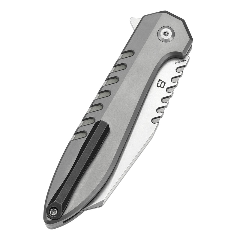 KANSEPT Kosame Button Lock Stonewashed Titanium with Jade G10 Inlay (3.37" 154CM Blade) with EI Spade Design-T1093F6