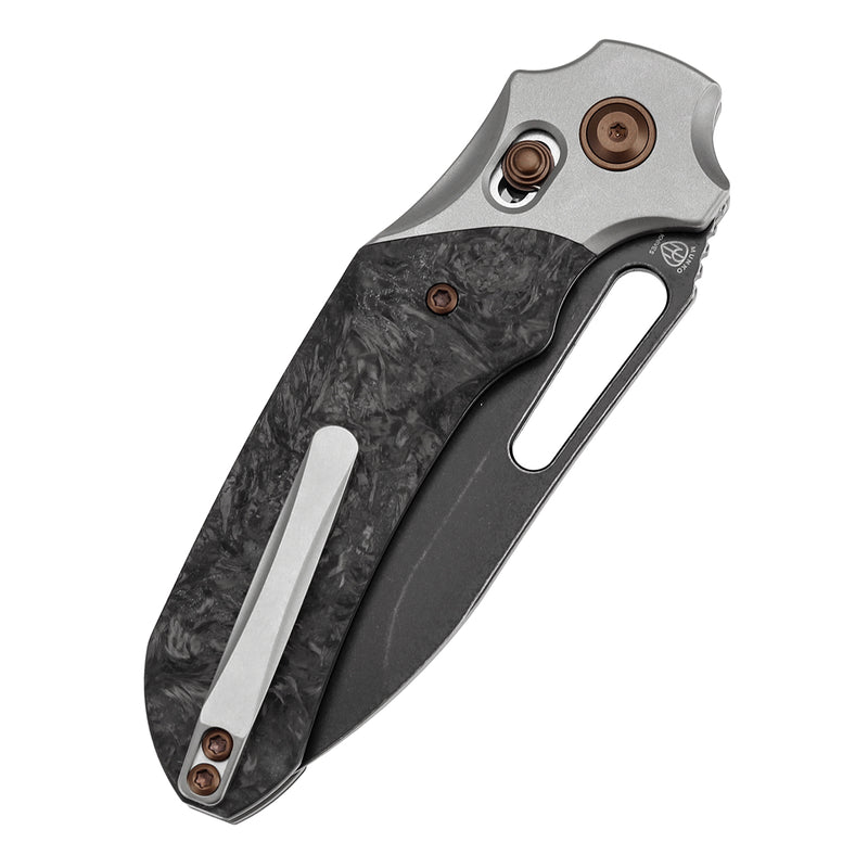 KANSEPT Quasar Cross Bar Lock Stonewashed Titanium with Dark Matter Glow FatCarbon Handle (3.38" CPM 20CV Blade) with Munko Knives Design-K1099V1