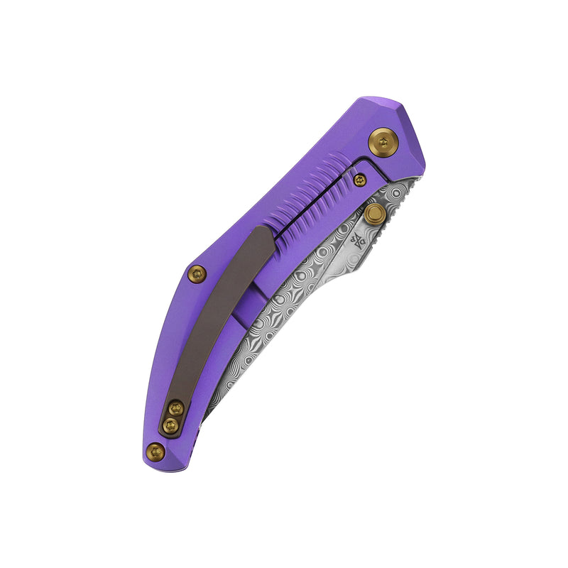Navaja | Frame Lock | Purple Anodized Titanium | 3.12" Damascus | Pinkerton Knives | K1149A2