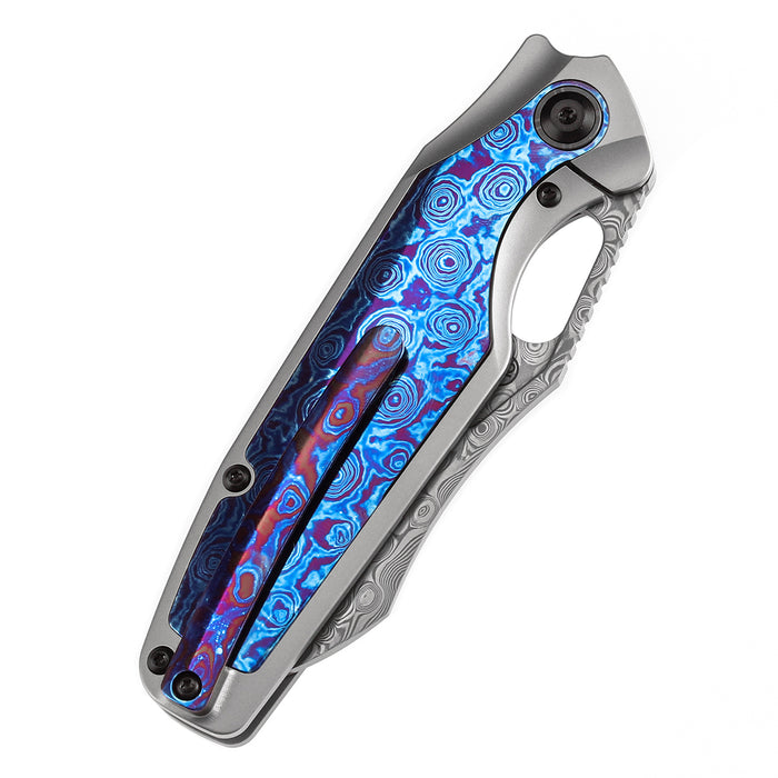 KANSEPT Tuckamore Thumb Hole Knife Titanium and Timascus Handle (3.54" Damascus Blade) with Timascus Clip -K1052A7