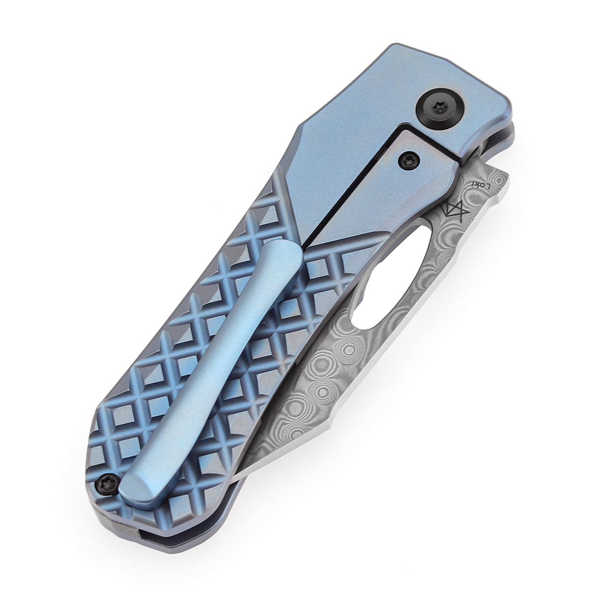KANSEPT Loki Thumb Hole Knife Blue Anodized Titanium with Frag