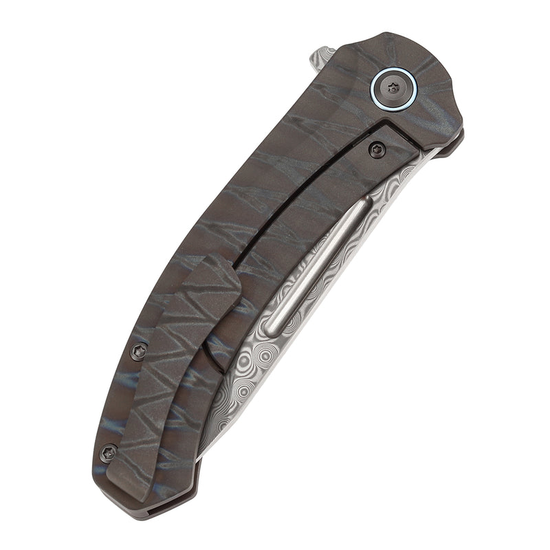 KANSEPT Hira Flipper Tiger Stripe Flamed Titanium Handle (3.46" Damascus Blade) with Marco Knives Design-K1090A5