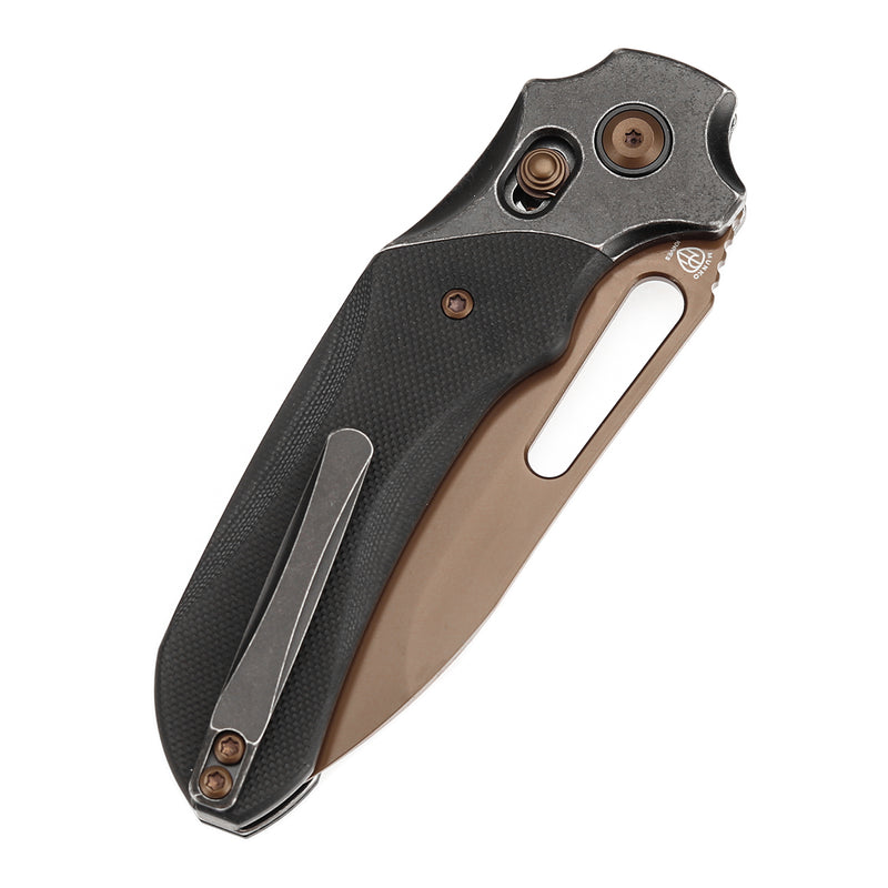 KANSEPT Quasar Cross Bar Lock Black G10 Handle (3.38" Dark Rose Gold Finished 154CM Blade) with Munko Knives Design-T1099V3