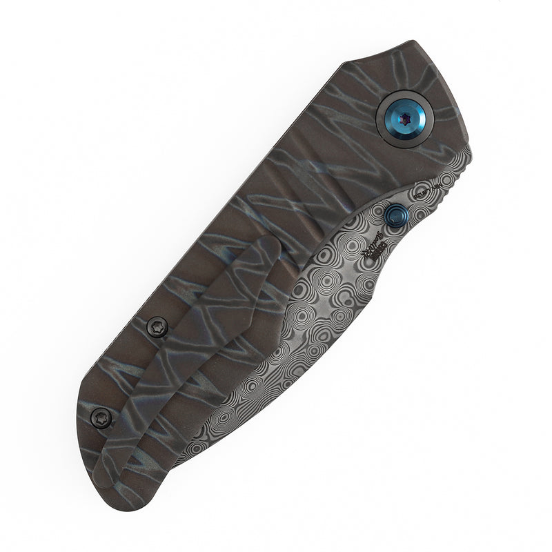 Kansept Mini Lanza | Thumb Stud | Titanium with Tiger Strip Finish | 3.31" Damascus Blade | Brandon Corbin Designed | K1116A4