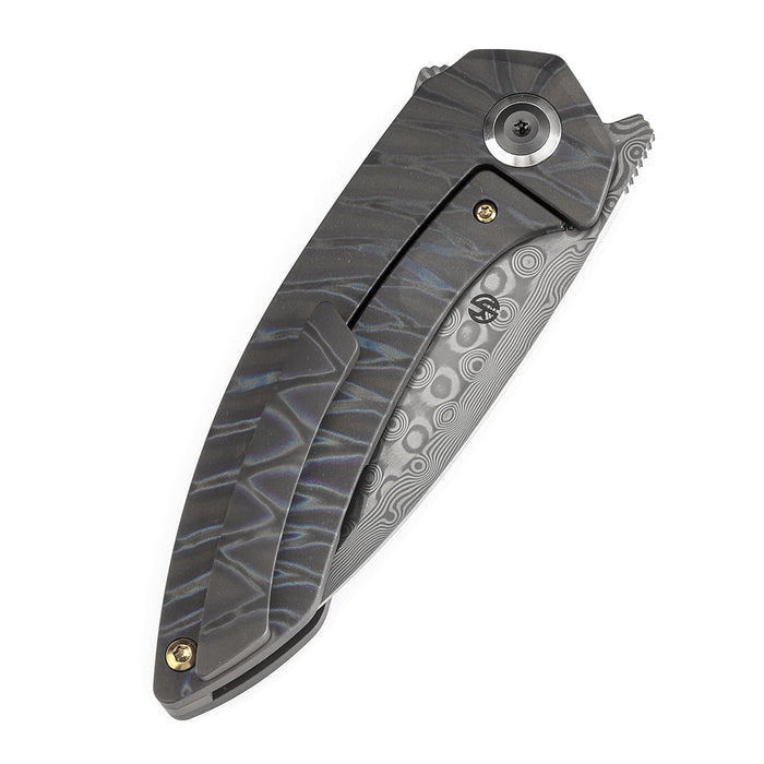 KANSEPT ODD 21 Front Flipper Titanium with Tiger Stripe Finish Handle (3.08'' Damascus Blade) Tuffknives Design -K1077A5