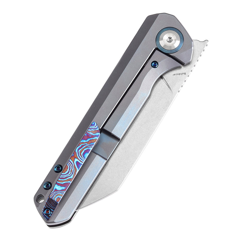 KANSEPT Bulldozer Front Filpper Timascus and Blue Anodized Titanium Handle with Timascus Clip (3.56" CPM-20CV Blade) Kim Ning Design-K1028A3