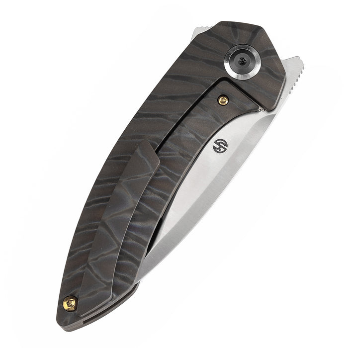 KANSEPT ODD 21 Front Flipper Titanium with Tiger Stripe Finish Handle (3.08'' CPM 20CV Blade) Tuffknives Design -K1077A4