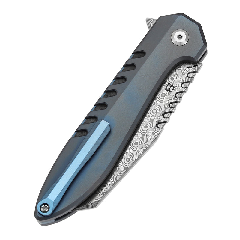 KANSEPT Kosame Button Lock Blue Anodized Titanium with Shred Carbon FIber Inlay (3.37" Damascus Blade) with EI Spade Design-T1093F1
