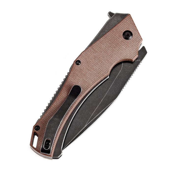 KANSEPT Hellx Button Lock Brown Micarta Handle (3.6''D2 Blade )Mikkel Willumsen Design -T1008F2