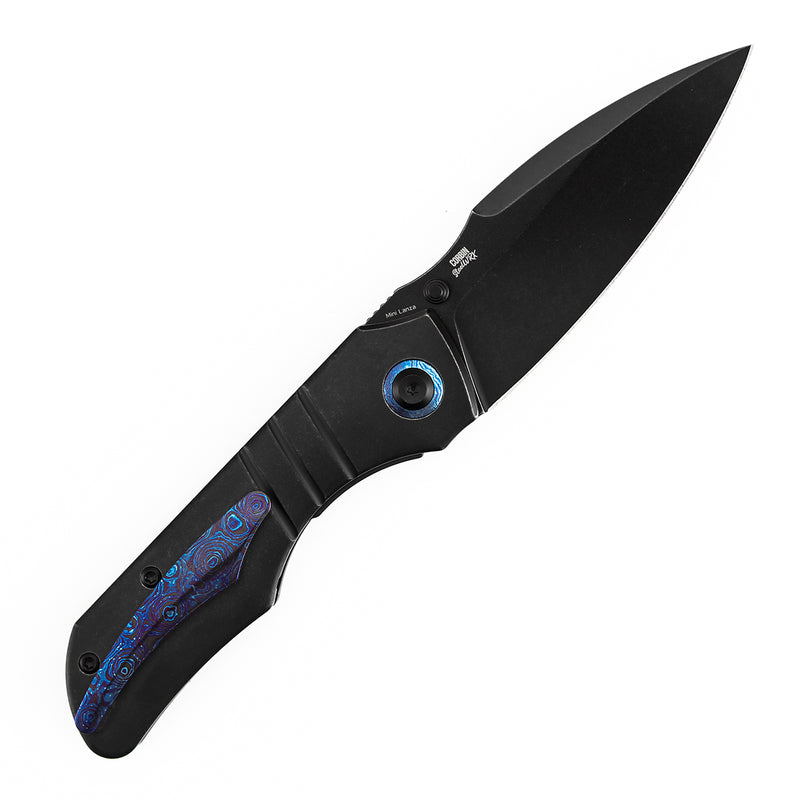 Kansept Mini Lanza | Thumb Stud | Blackwash Titanium &Timascus Pocket Clip | 3.31" CPM 20CV Blade | Brandon Corbin Designed | K1116A2