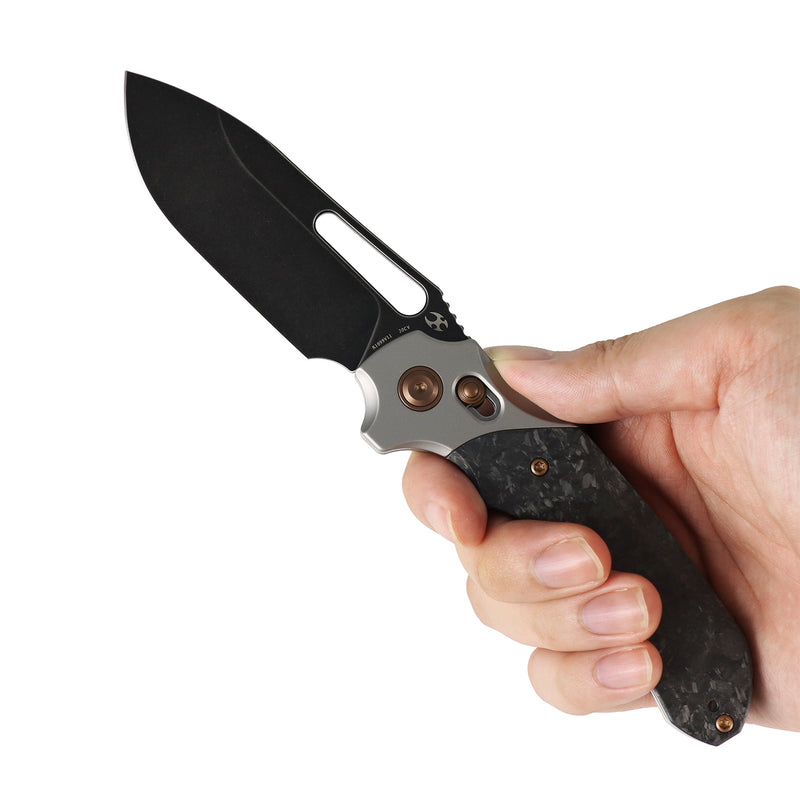 Quasar | Cross Bar Lock | Stonewashed Titanium & Shred Carbon Fiber | 3.38" CPM 20CV | Munko Knives | K1099V11