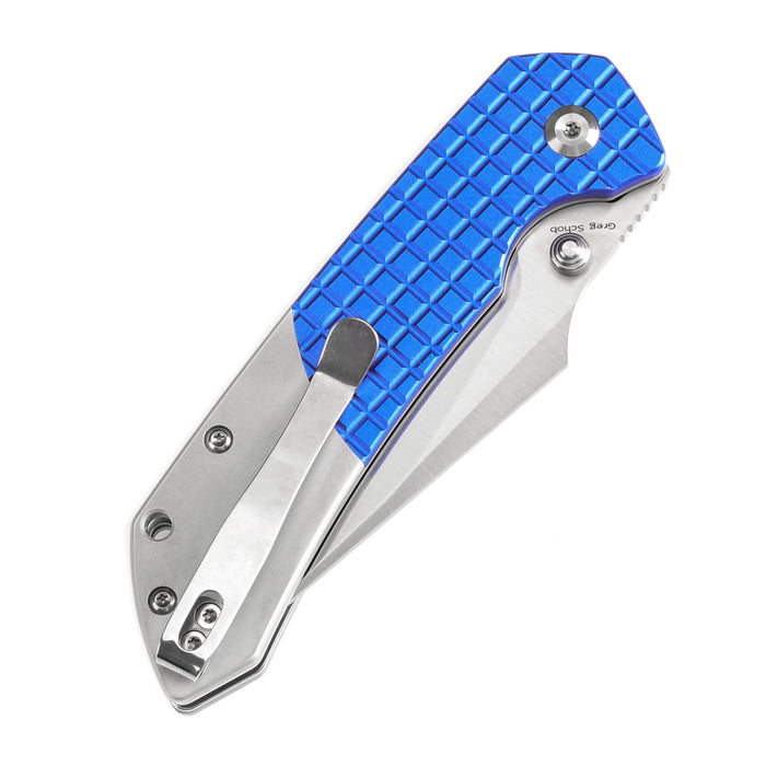 Estimated Released in November
- Fenrir Button Lock Knife Blue Anodized Aluminium+Plain Aluminium Handle (3.44''14C28N Blade) Greg Schob Design - T1034S1