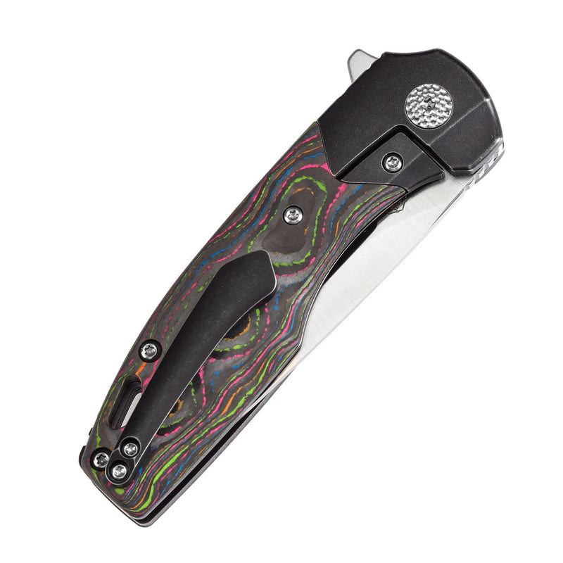 KANSEPT Cassowary Flipper Black Stonewashed Titanium and 80S Camo Carbon Fiber Handle (2.9''CPM S35VN Blade ) Koch Tools Design -K2065B1
