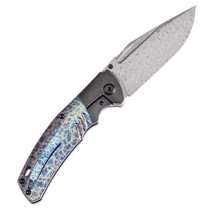 KANSEPT Hinterland Thumb Stub Blackwash Titanium and Lightning Strike Finished Titanium Inlay Handle (3.58" Damascus Blade) Morgan Koens Design-K1057A6