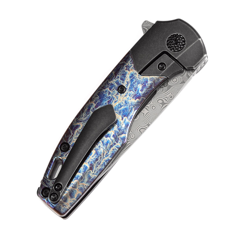 KANSEPT Cassowary Flipper Black Stonewashed Titanium and Lightning Strike Finish Titanium Handle (2.9''Damascus Blade ) Koch Tools Design -K2065B4