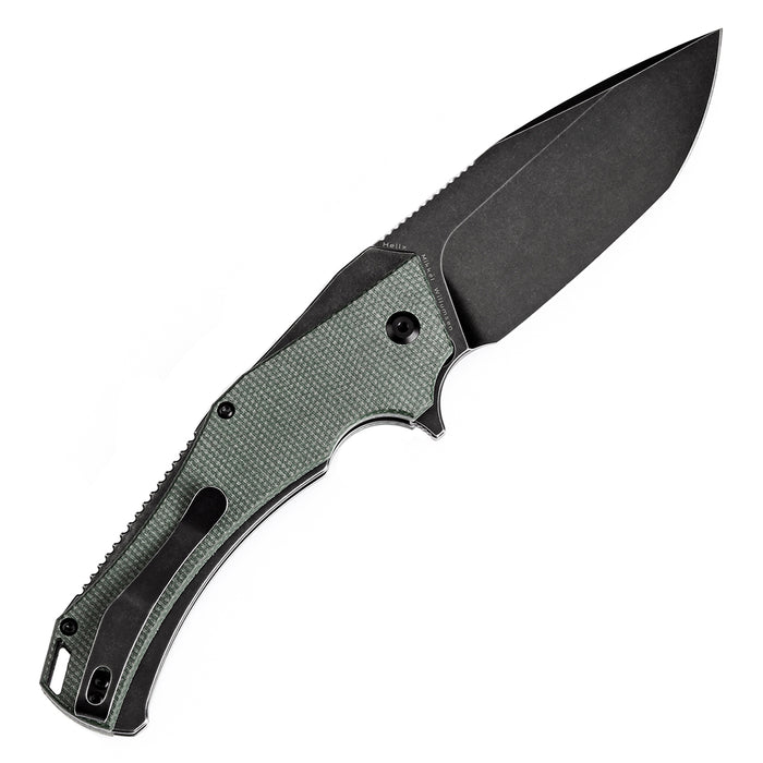 KANSEPT Hellx Button Lock Green Micarta Handle (3.6''D2 Blade )Mikkel Willumsen Design -T1008F1