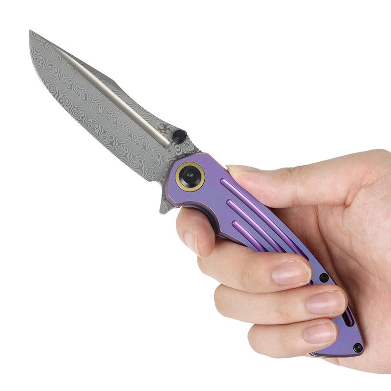 Pretatout | Frame Lock | Purple Titanium Handle | 3.56" Damascus Blade | Kmaxrom Design | K1032D5