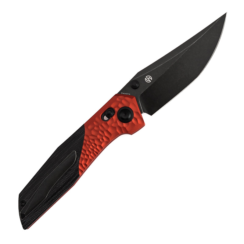 Deadite | Red Aluminum (Rock Texture) with Black Micarta Scales | 3.52" 154CM Blade | Tuffknives Design | T1081V3