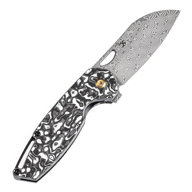 KANSEPT Model 6 Left-handed Flipper/Thumb Hole Knife Black White Carbon Fiber Handle (3.1'' Damascus Blade) -K1022L1