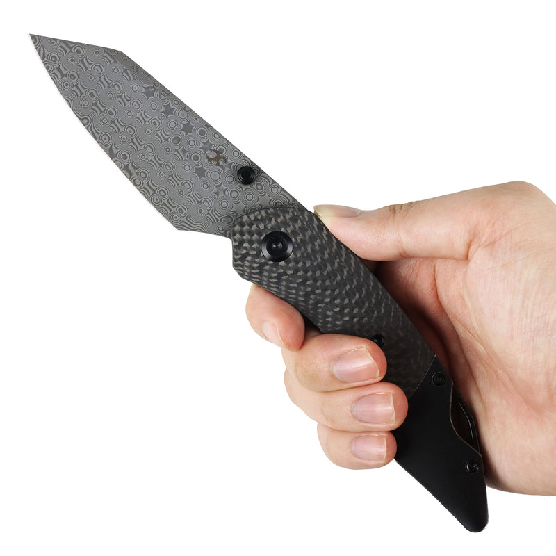 K9 | Bolster Liner Lock | Twill Carbon Fiber/G10 Laminate & Balckwash Titanium | 3.63" Damascus | Keanison Knives Design | K1151A4