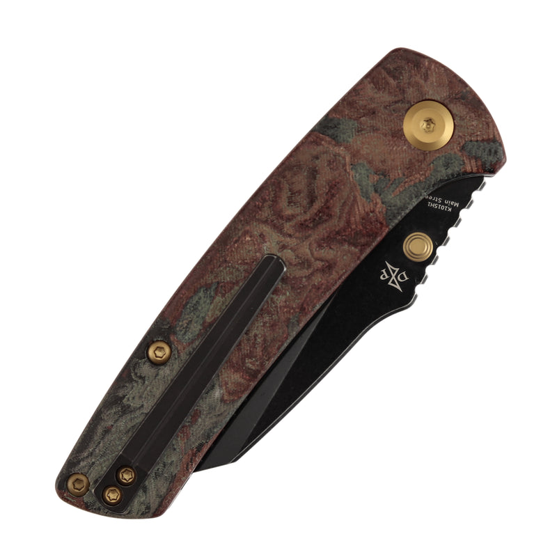 Kansept Main Street | Top Liner Lock | Red Rag Burl Canvas Micarta | 3.36" Elmax Blade | Pinkerton Knives Design |K1015H1