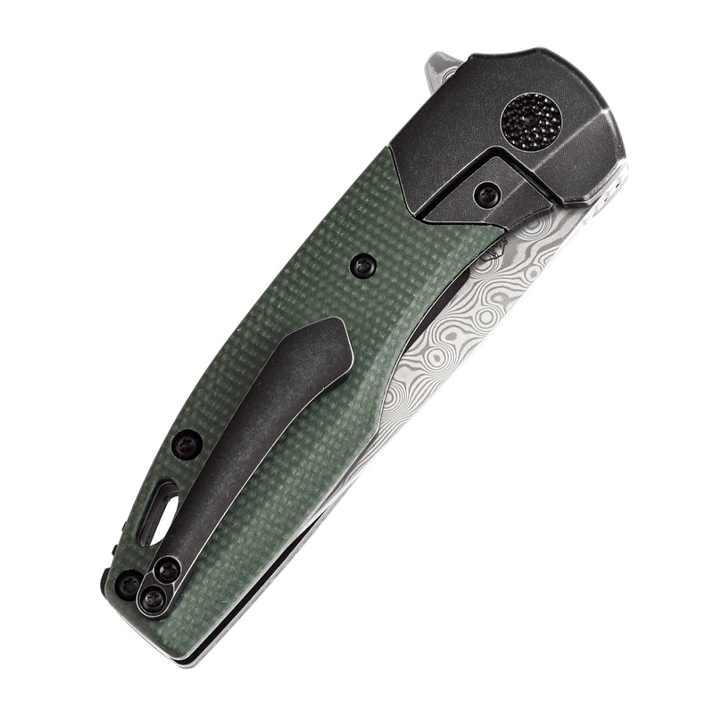 KANSEPT Cassowary Flipper Black Stonewashed Titanium and Green Micarta Titanium Handle (2.9''Damascus Blade ) Koch Tools Design -K2065B6