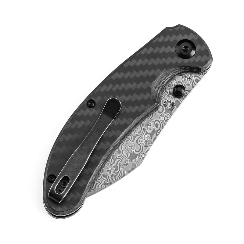 KANSEPT Nesstreet Button Lock Twill Carbon Fiber Handle(3.58" Damascus Blade) with Karambit Maker design-K1039F6