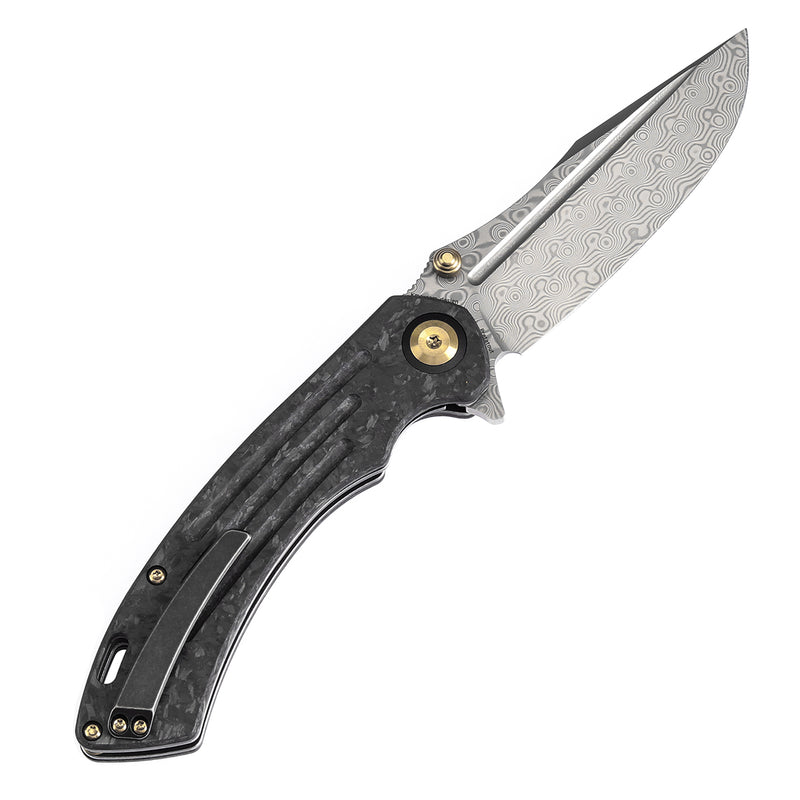 KANSEPT Pretatout Thumb Stub Flipper Shred Carbon Fiber Handle (3.56“ Damascus Blade) with Kmaxrom Design-K1032D2