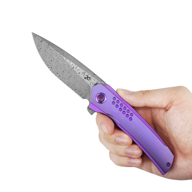 Tracer | Frame Lock | Purple Anodized Titanium | 3.46" Rose Pattern Damascus | Tuff Knives | K1115A3