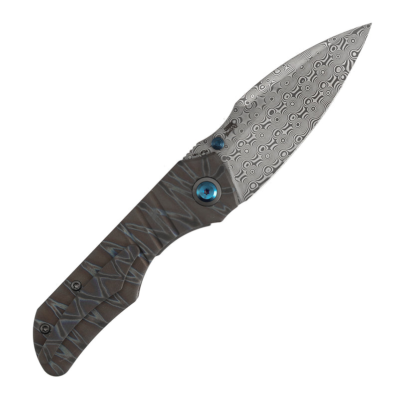 Kansept Mini Lanza | Thumb Stud | Titanium with Tiger Strip Finish | 3.31" Damascus Blade | Brandon Corbin Designed | K1116A4