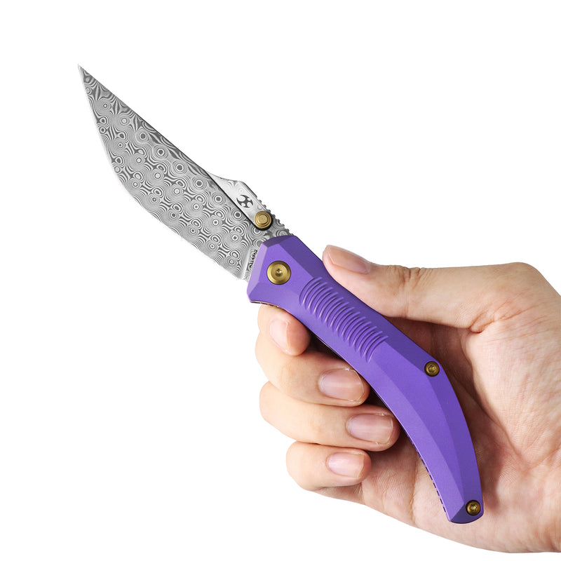 Navaja | Frame Lock | Purple Anodized Titanium | 3.12" Damascus | Pinkerton Knives | K1149A2