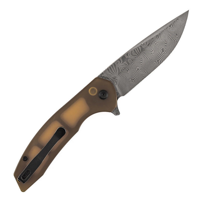 Kansept Accipiter | Button Lock | Amber PEI/Ultem | 3.53"Damascus with Water Ripple Pattern Blade | T1007F1