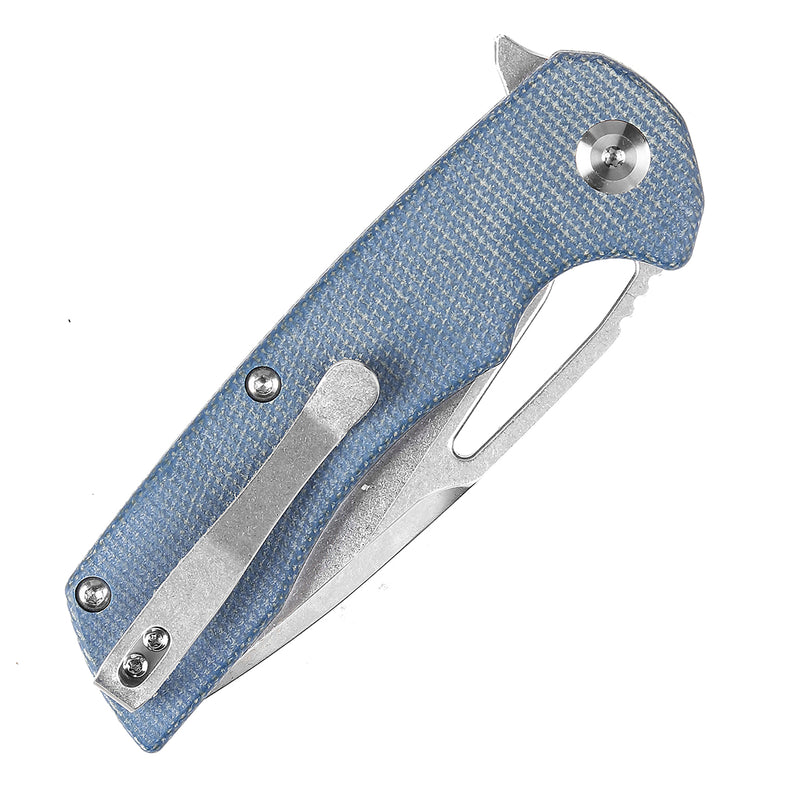 KANSEPT Kryo Thumb Hole/Flipper Knife Blue Micarta Handle (3.58"12C28N Blade) Kim Ning Design-T1001M3