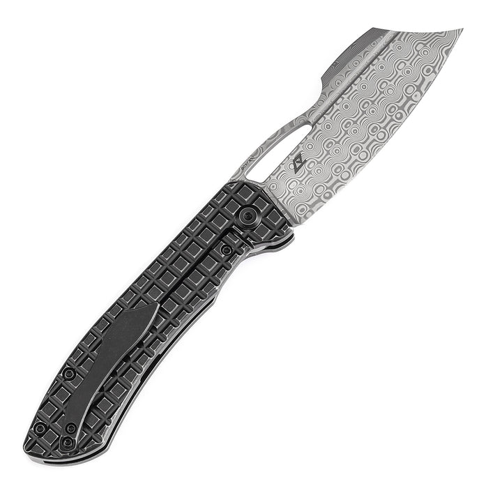 KANSEPT Cybin Thumb Hole Blackwash Titanium with Frag Pattern Handle (3.29''Damascus Blade ) Edgy Bladeworks Design -K1080A2