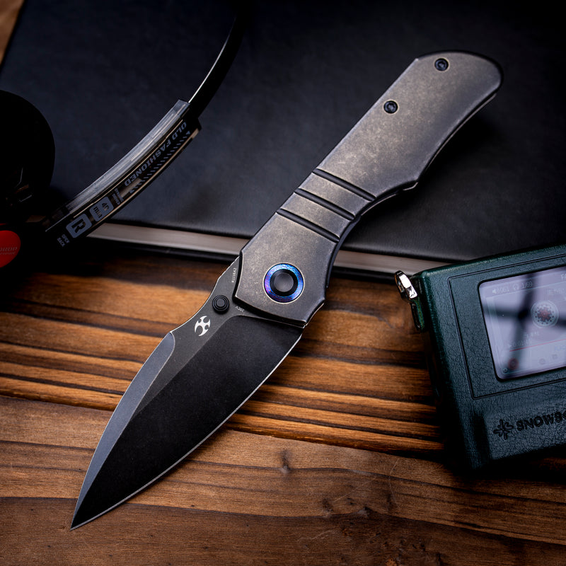 Kansept Mini Lanza | Thumb Stud | Blackwash Titanium &Timascus Pocket Clip | 3.31" CPM 20CV Blade | Brandon Corbin Designed | K1116A2