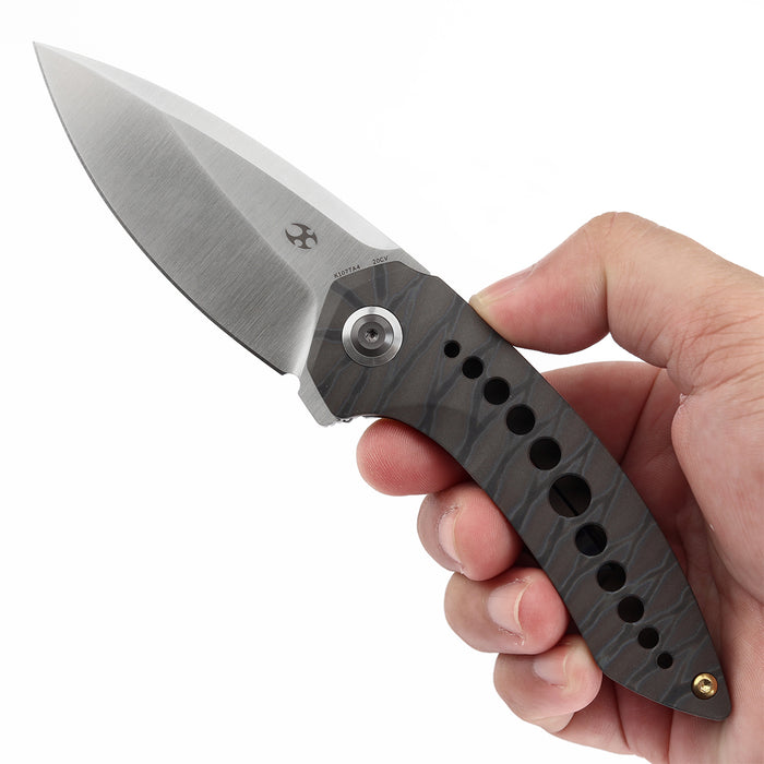 KANSEPT ODD 21 Front Flipper Titanium with Tiger Stripe Finish Handle (3.08'' CPM 20CV Blade) Tuffknives Design -K1077A4