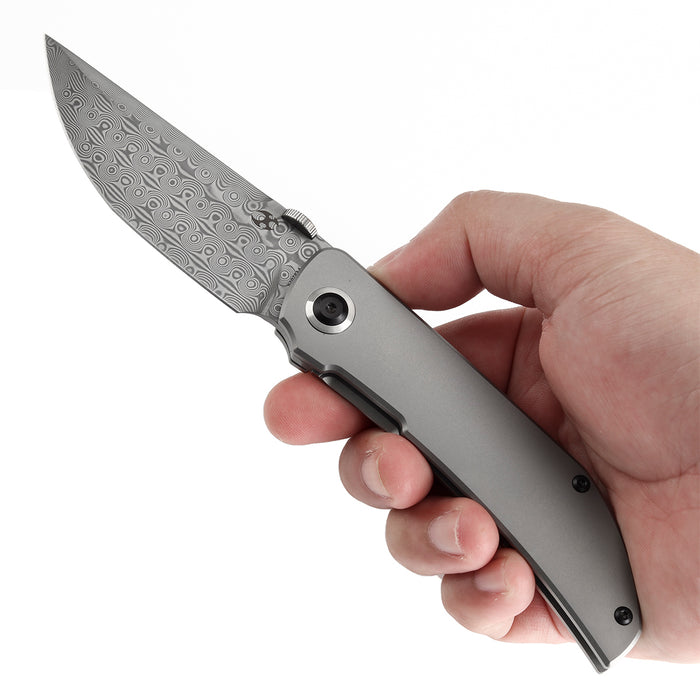 KANSEPT Tarkin Frame Lock Bead Blasted Titanium Handle (3.36'' Damascus Blade) Matthew Christensen Design - K1078A4