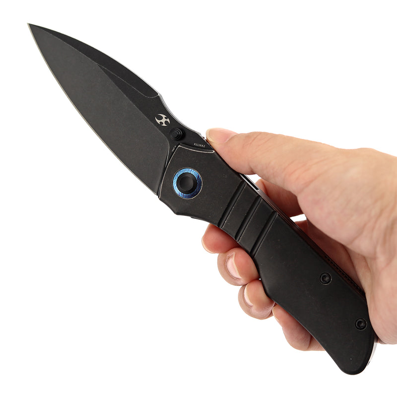 Kansept Mini Lanza | Thumb Stud | Blackwash Titanium &Timascus Pocket Clip | 3.31" CPM 20CV Blade | Brandon Corbin Designed | K1116A2