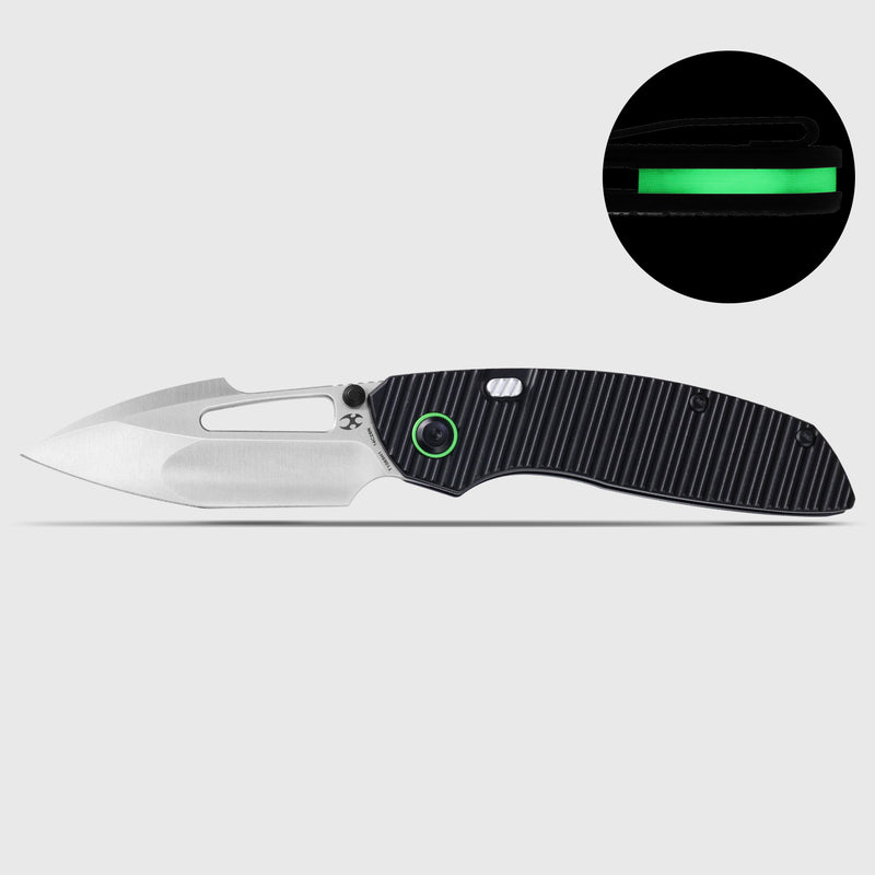 Link | Top Liner Lock | Black Aluminum with Milled Grooves | 2.98" Satin 14C28N | Triple Stripe Knives | T1068H1