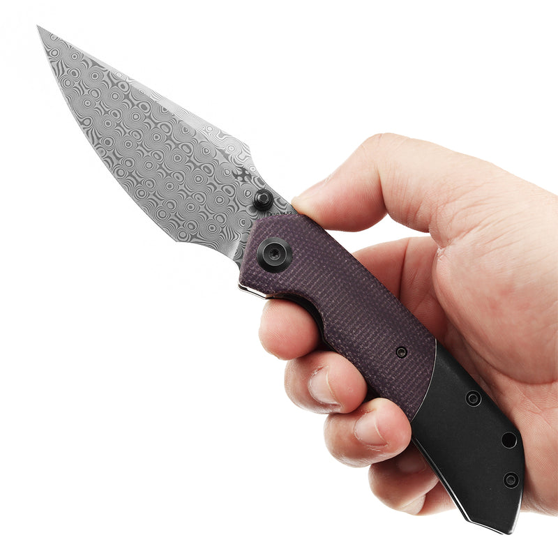KANSEPT Fenrir Front Flipper/Thumb Stud Knife Blackwash Titanium and Purple Micarta Handle (3.48''Damascus Blade) Greg Schob Design -K1034Z2