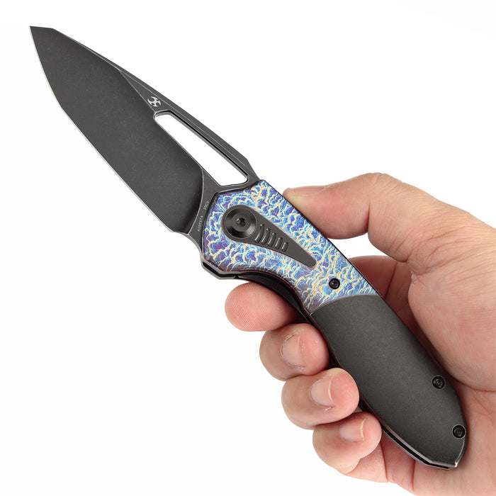 KANSEPT Thoth Thumb Hole Knife Blackwash Titanium and Lightning Strike Finished Titanium InlayHandle (3.43''CPM 20CV Blade ) Sparrow Knife Co Design -K1075T4