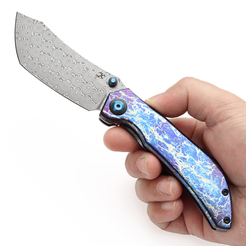 KANSEPT Tipper Thumb Stub Knife Titanium with Lightning Strike Finish Handle(3.38'' Damascus Blade)Edgy Bladeworks Design-K1079A3