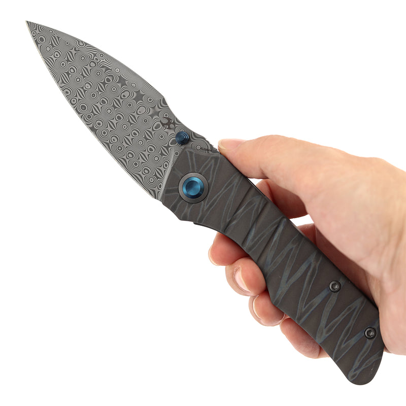 Kansept Mini Lanza | Thumb Stud | Titanium with Tiger Strip Finish | 3.31" Damascus Blade | Brandon Corbin Designed | K1116A4