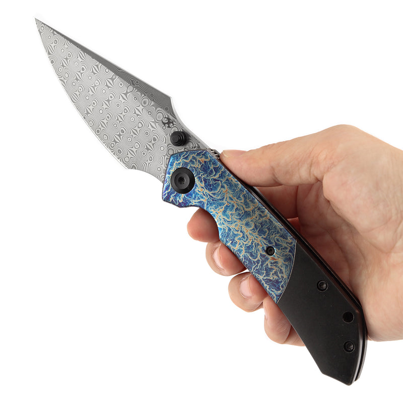 Kansept Fenrir  | Liner Lock | Blackwash Titanium with Lightning Strike Finish Ti Inlay | 3.48'' Damascus Blade | Sparrow Knife Design | K1034D2